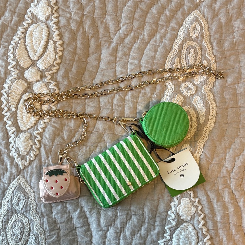 Kate Spade Green and White Striped Wallet Set